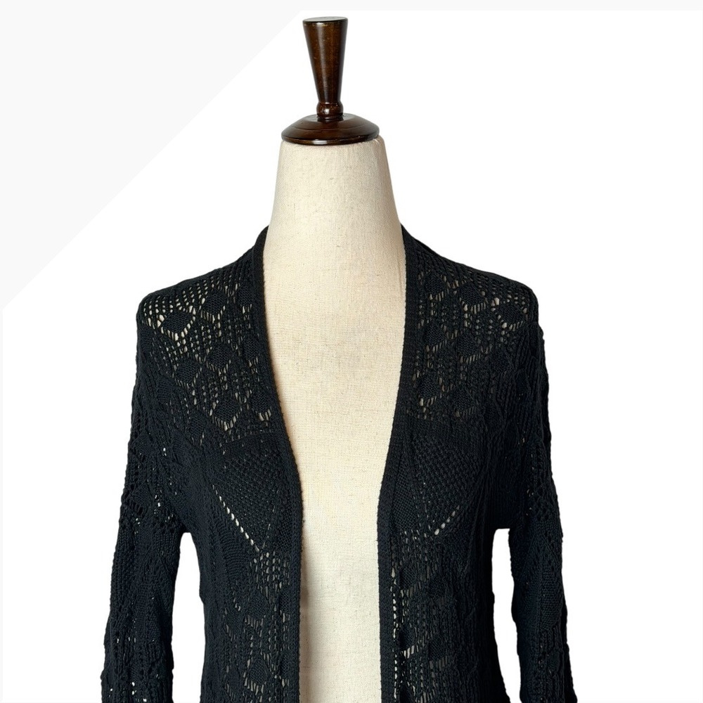 Johnny Was‎ Sweater Women XS Black Cotton Crochet Open Knit Duster Cardigan Boho - Picture 4 of 10